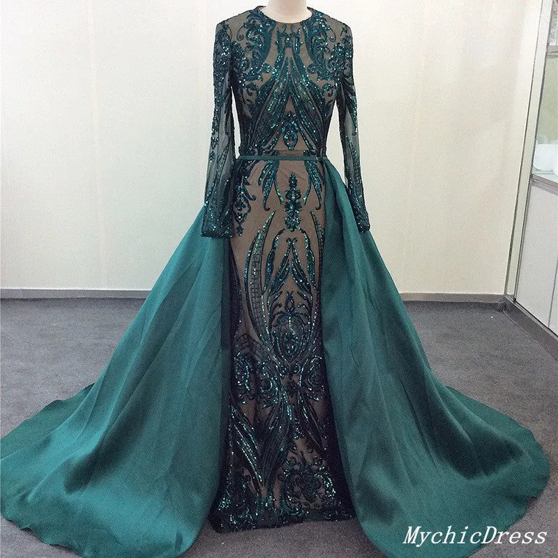 Sexy Emerald Green Lace Prom Dresses Long Sleeves with Detachable Train sold by My Chic Dress product image thumbnail 2