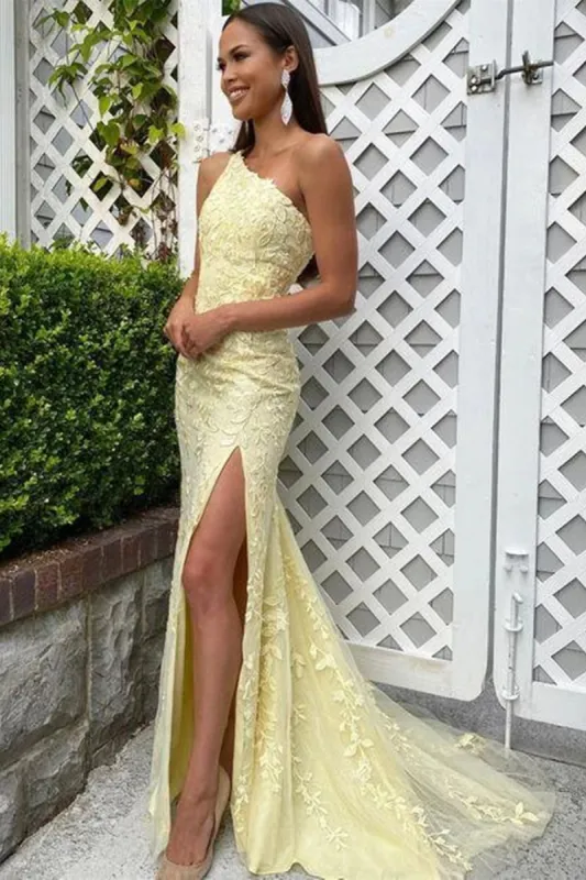Pastel Yellow Lace One Shoulder Prom Dresses Long Mermaid Formal Dresses UK sold by My Chic Dress