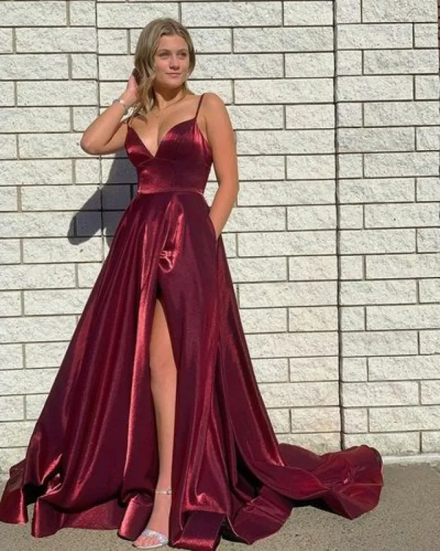 A Line Glitter Burgundy 2025 Prom Dresses V Neck Sleeveless Evening Dress sold by My Chic Dress