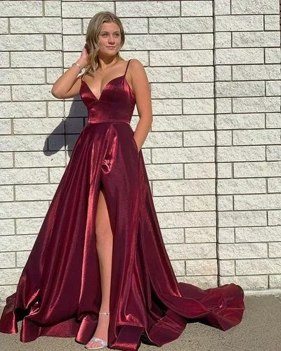 A Line Glitter Burgundy 2025 Prom Dresses V Neck Sleeveless Evening Dress sold by My Chic Dress