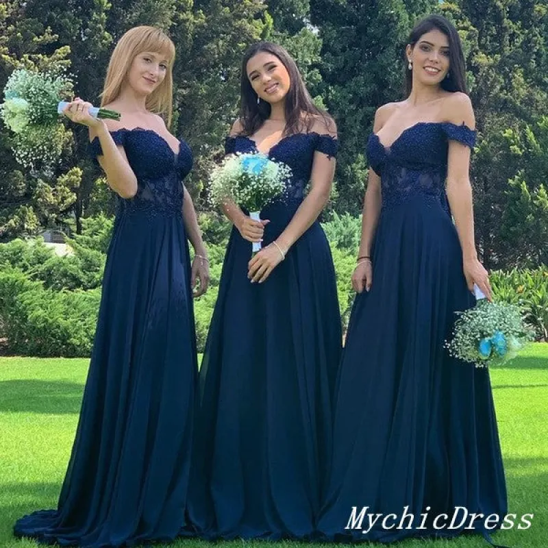 Off the Shoulder Lace Navy Blue Bridesmaid Dresses Sequins Wedding Guest Dress sold by My Chic Dress