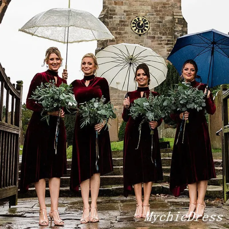 Long Sleeves Wine Burgundy Velvet Bridesmaid Dresses Short High Neck sold by My Chic Dress