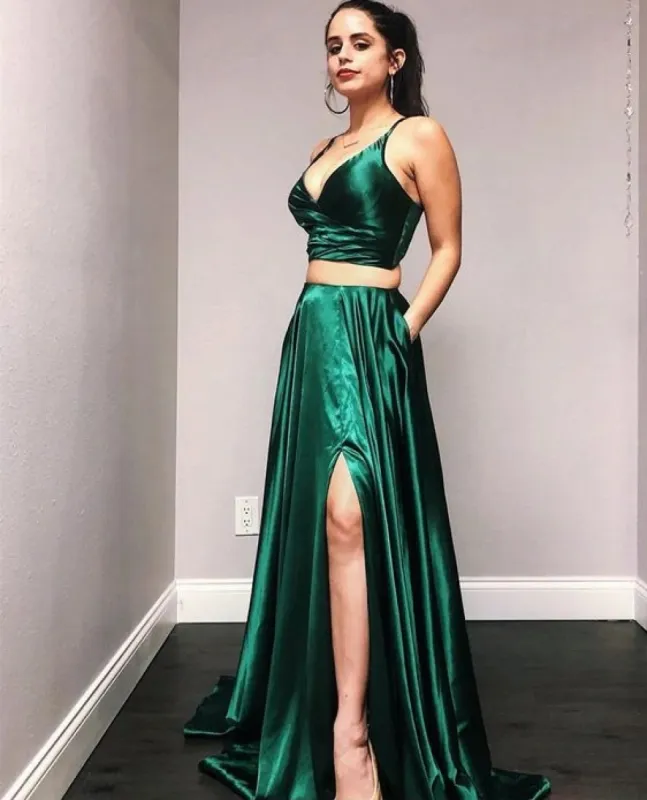 Simple Princess Emerald Green Prom Dresses UK Two Pieces V-Neck Party Dress sold by My Chic Dress