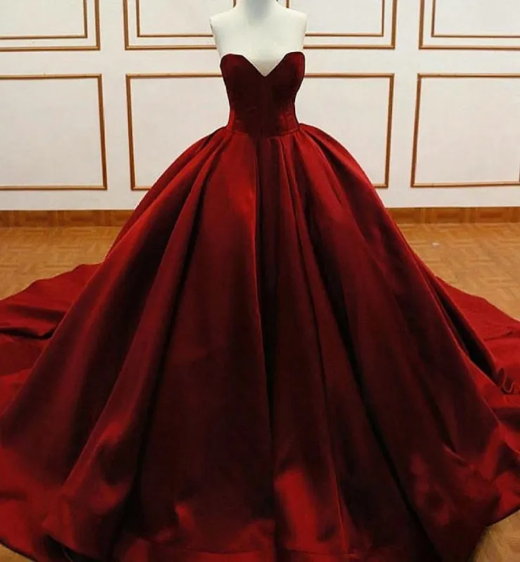 Princess Ball Gown Burgundy Quinceanera Dresses Satin Sweetheart Wedding Dresses sold by My Chic Dress