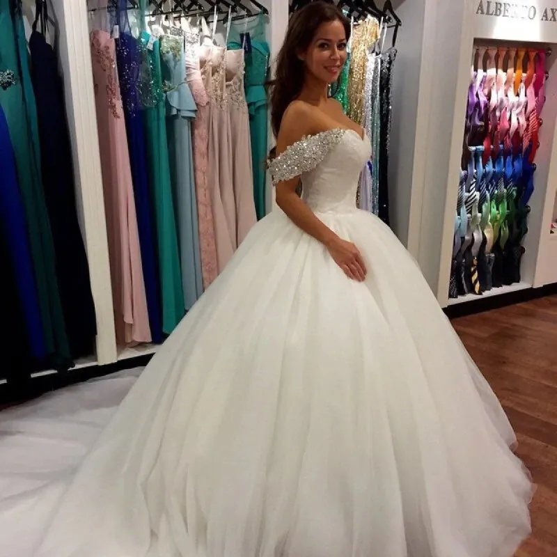 Off the Shoulder Crystals White Wedding Dresses Ball Gown Tulle Bridal Dress sold by My Chic Dress