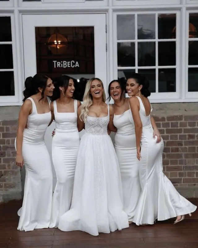 White Satin Bridesmaid Dresses Mermaid Square Floor Length Wedding Guest Dress sold by My Chic Dress