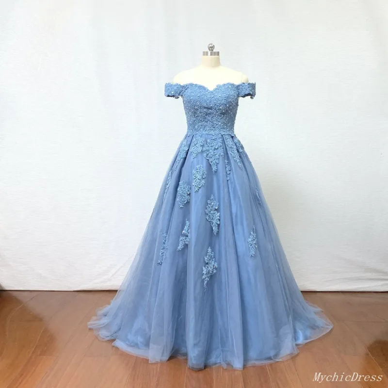 Off the Shoulder Lace Prom Dresses A Line Beaded Blue Evening Dresses sold by My Chic Dress
