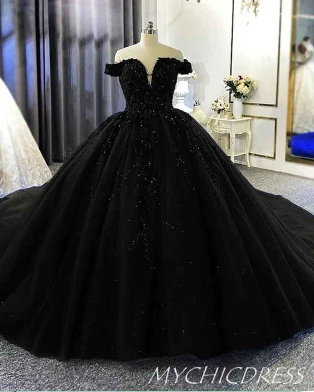 Off Shoulder Black Wedding Dresses Beaded Ball Gown Gothic Wedding Dress sold by My Chic Dress