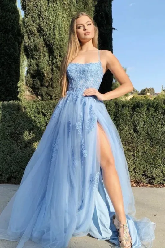 2025 Long Light Blue Prom Dress Backless Floral Lace Formal Evening Dress sold by My Chic Dress