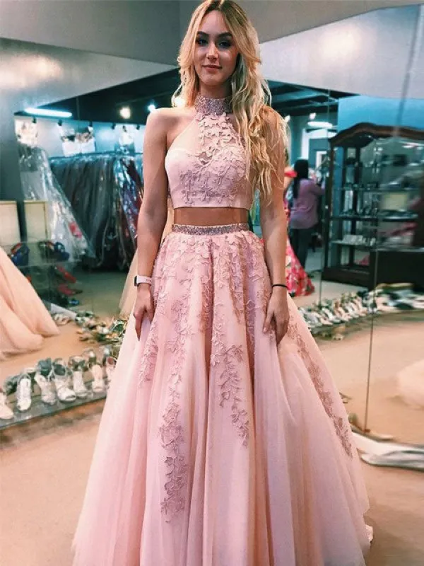 High Neck 2 Piece Lace Prom Dresses A Line Beaded Evening Dresses sold by My Chic Dress