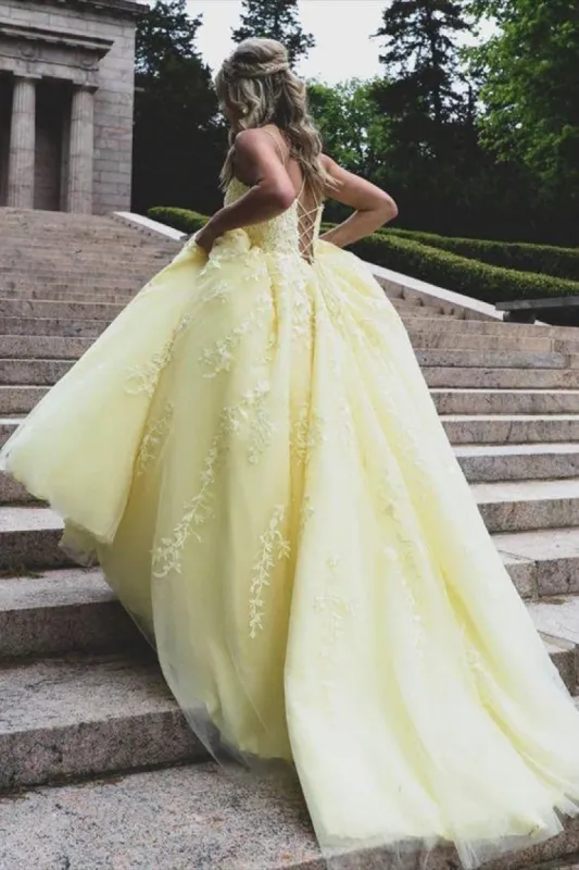 Long Pastel Yellow Evening Dresses Lace A Line Sleeveless Prom Dresses sold by My Chic Dress