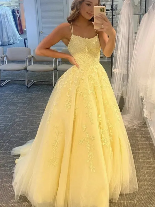 A Line Yellow Lace Prom Dresses 2025 Sleeveless Formal Evening Dresses sold by My Chic Dress