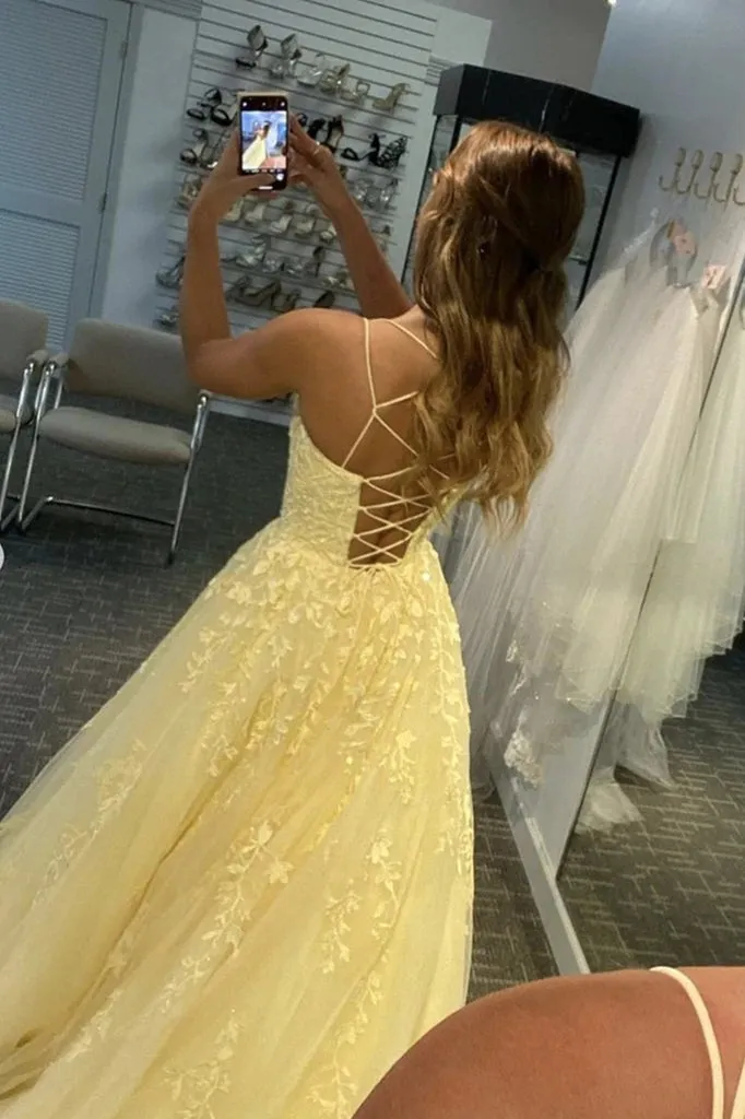 A Line Yellow Lace Prom Dresses 2025 Sleeveless Formal Evening Dresses sold by My Chic Dress product image thumbnail 2