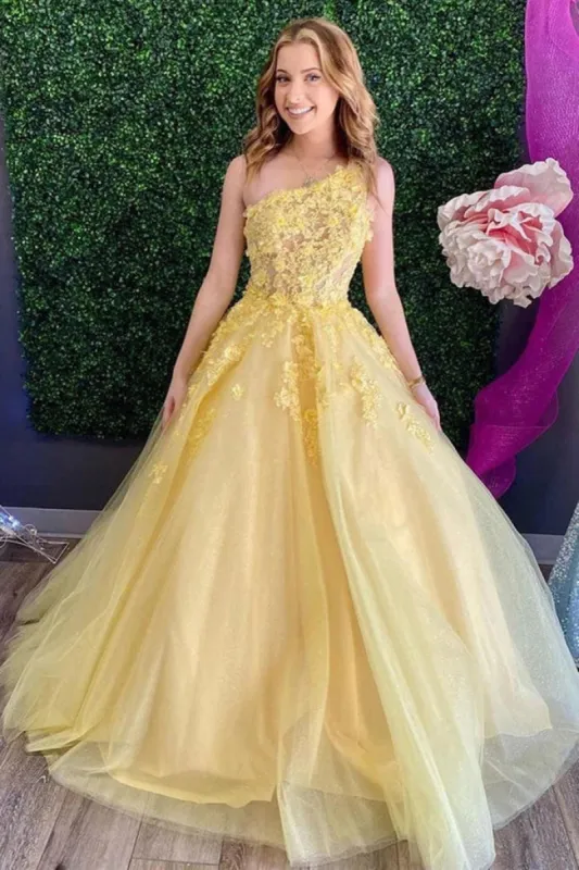 Yellow Lace One Shoulder Prom Dresses A Line Evening Gowns sold by My Chic Dress