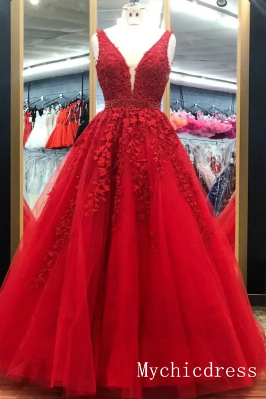 A Line Sleeveless Red Lace Prom Dressses V Neck Applique Formal Dresses sold by My Chic Dress
