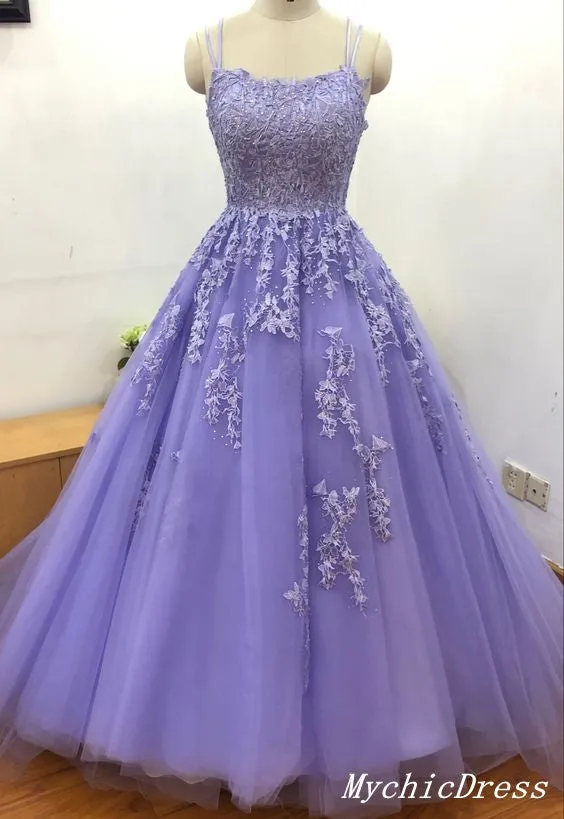 Simple A Line Lace Prom Dresses Spaghetti Straps Purple Evening Dresses sold by My Chic Dress