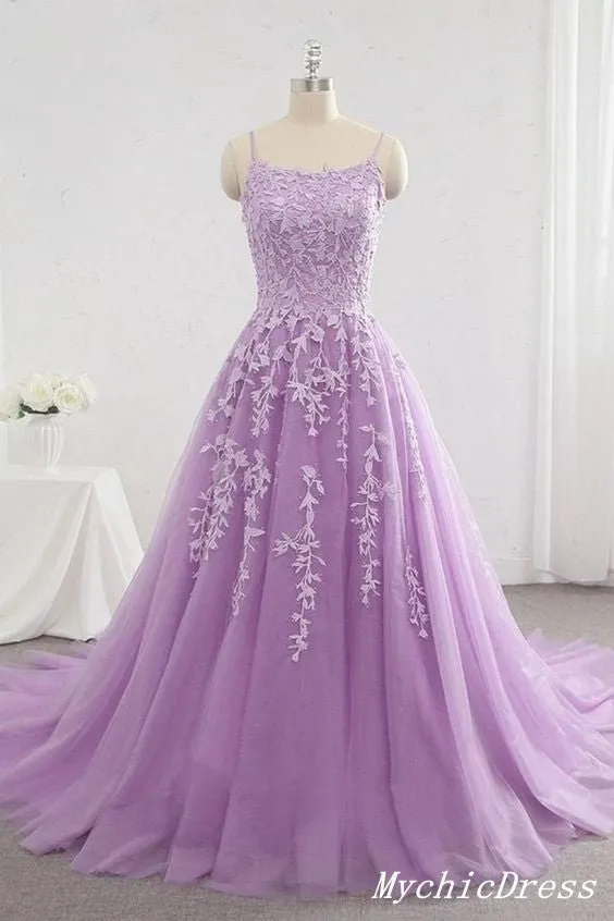 A Line Lace Lilac Prom Dresses Spaghetti Straps Applique Long Evening Dress sold by My Chic Dress product image thumbnail 2