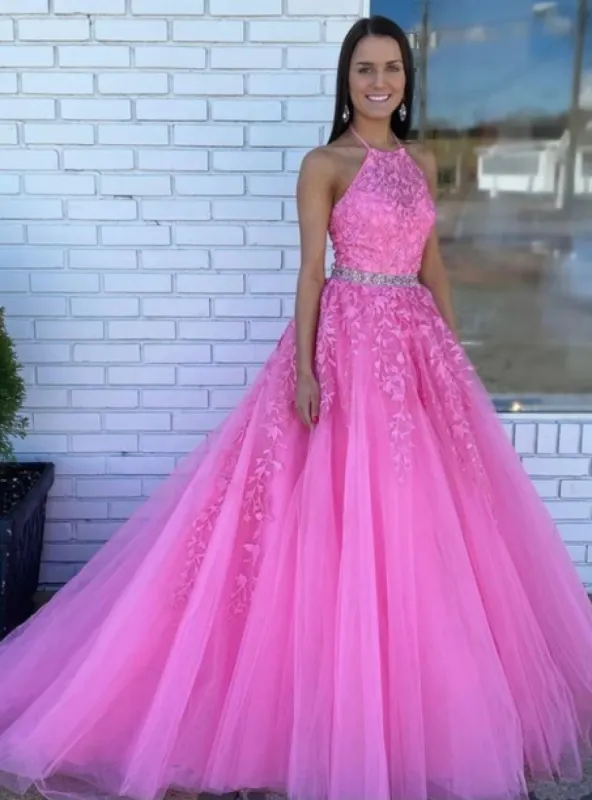 2025 Halter Pink Prom Dresses A Line Lace Evening Gowns With Beaded sold by My Chic Dress