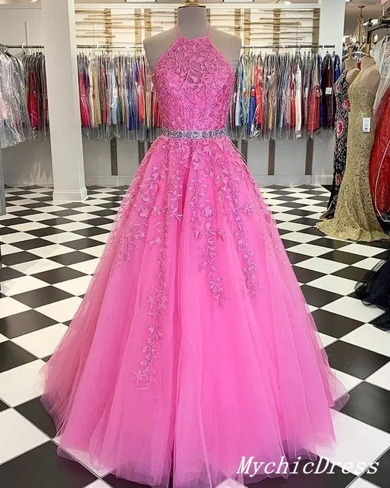 2025 Halter Pink Prom Dresses A Line Lace Evening Gowns With Beaded sold by My Chic Dress product image thumbnail 2