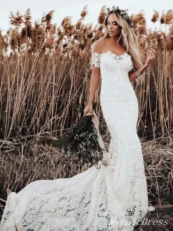 Off the Shoulder Lace Beach Boho Wedding Dresses Mermaid Bridal Wears sold by My Chic Dress