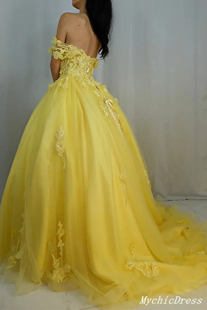 Yellow Lace Prom Dresses Tulle Appliques Long Party Dresses UK sold by My Chic Dress product image thumbnail 2
