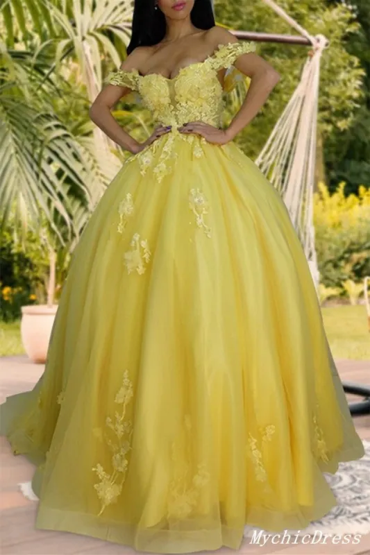 Yellow Lace Prom Dresses Tulle Appliques Long Party Dresses UK sold by My Chic Dress