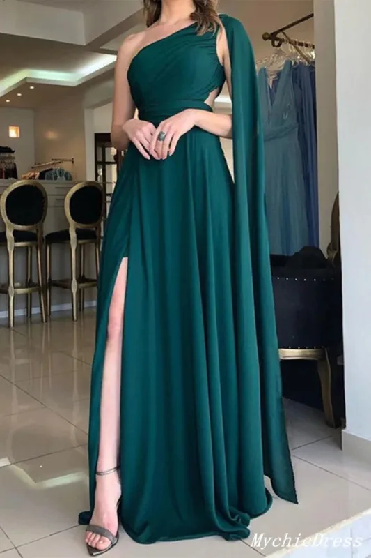 Long Green One Shoulder 2025 Prom Dresses Chiffon Simple Evening Dress sold by My Chic Dress