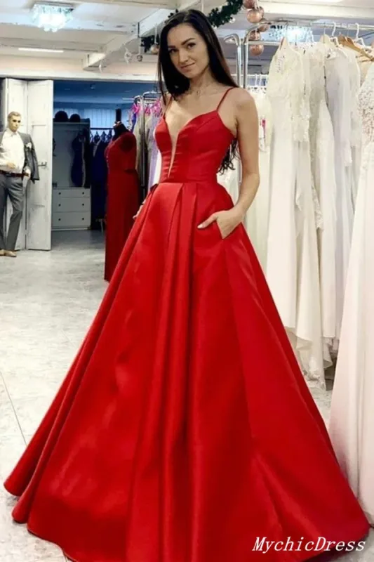 A Line Simpe Red Prom Dresses V Neck Long Evening Formal Dress sold by My Chic Dress