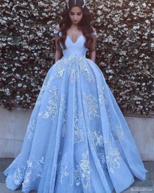 Off the Shoulder Blue Prom Dresses Lace A Line Evening Gowns sold by My Chic Dress
