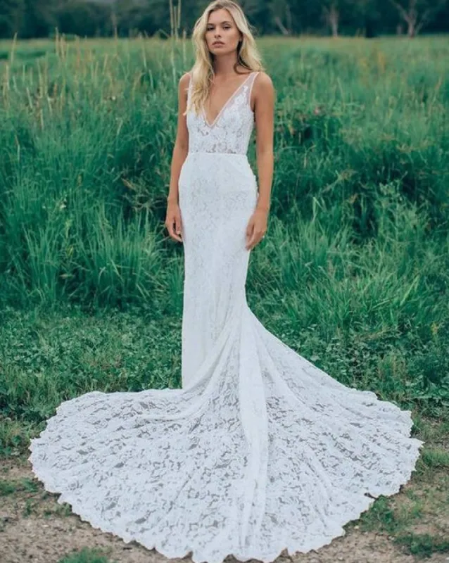 Hot Simple Lace Boho Beach Wedding Dresses Drop Waist Long Bridal Gown sold by My Chic Dress