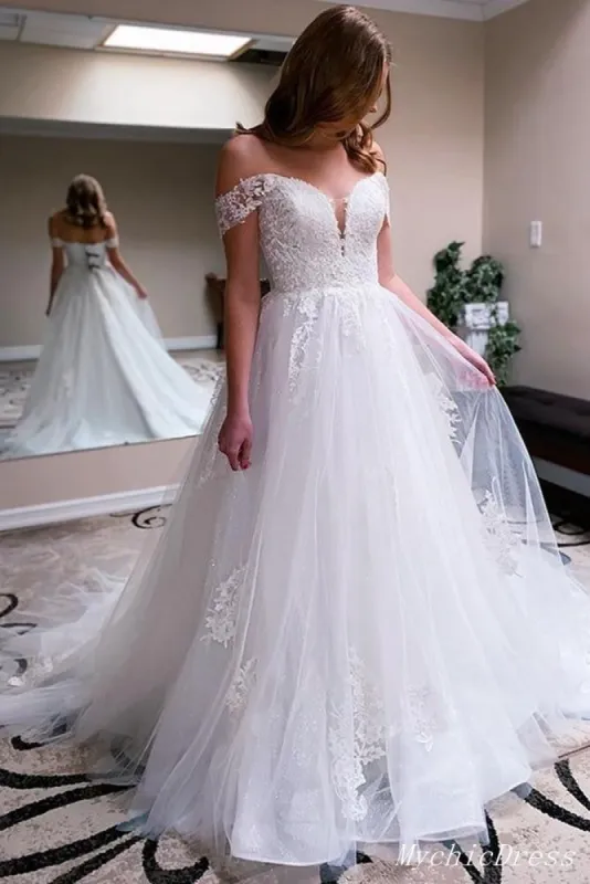Off the Shoulder Lace Wedding Dresses Boho A Line Casual Wedding Gown sold by My Chic Dress