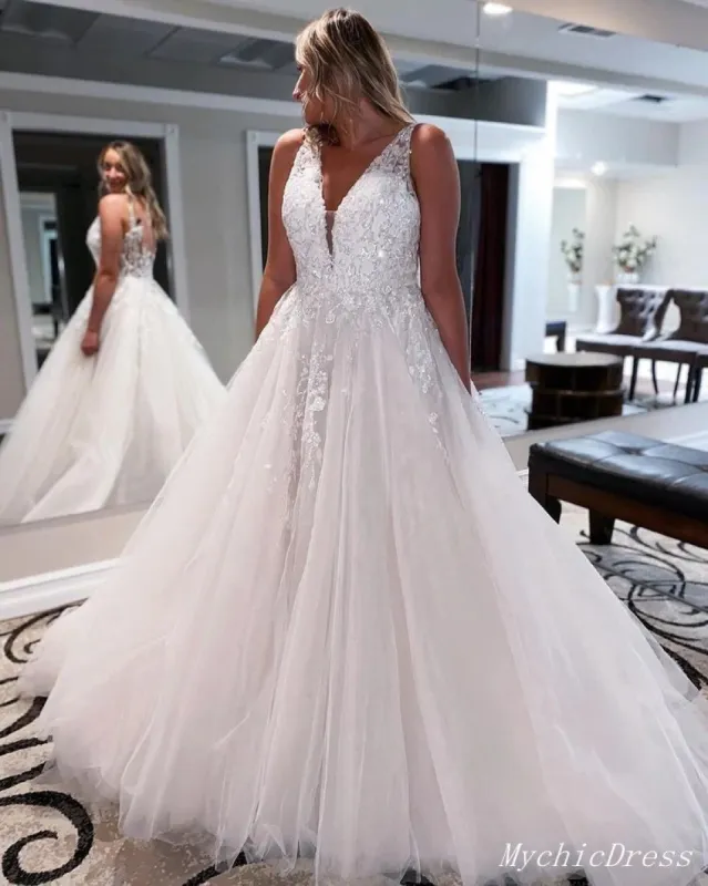 A Line V Neck Sleeveless Lace Sequin Wedding Dresses Beach Bridal Wear sold by My Chic Dress