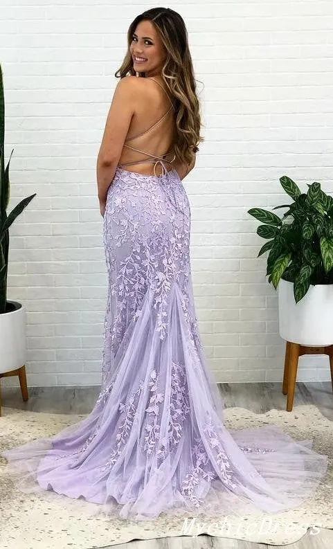 Hot Lace Lilac Prom Dresses Mermaid Spaghetti Straps Long Evening Dress sold by My Chic Dress product image thumbnail 2
