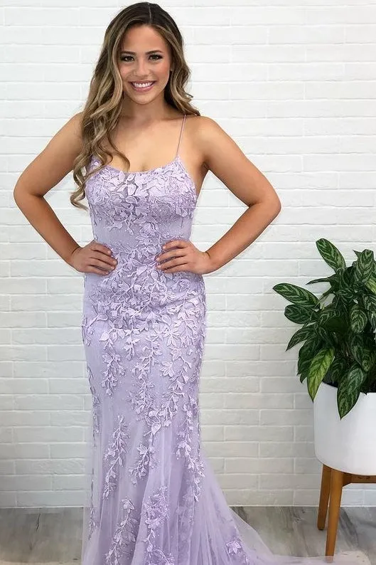 Hot Lace Lilac Prom Dresses Mermaid Spaghetti Straps Long Evening Dress sold by My Chic Dress product image thumbnail 3