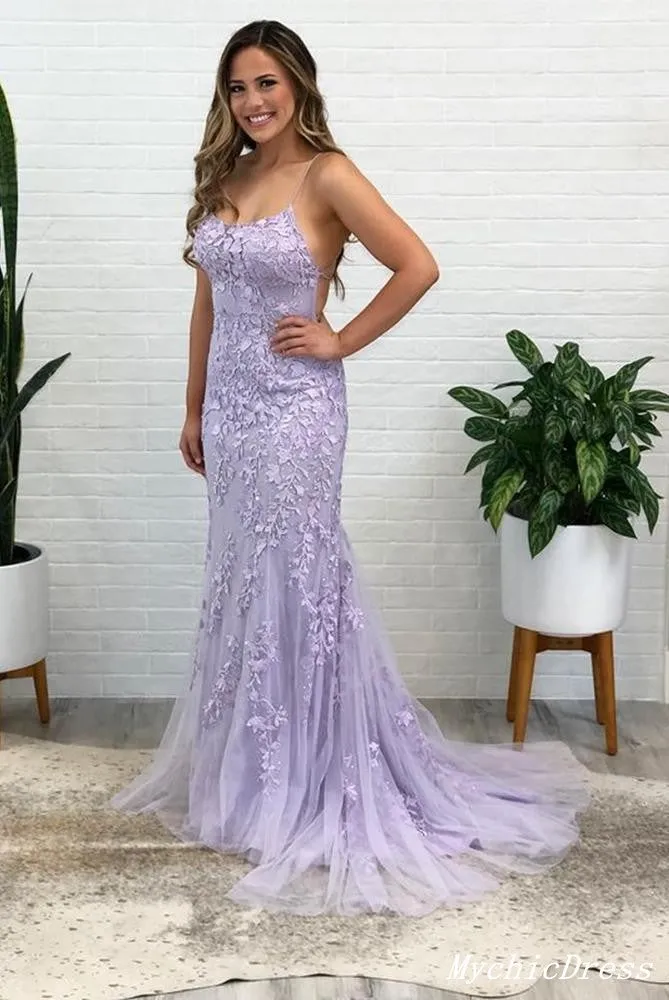 Hot Lace Lilac Prom Dresses Mermaid Spaghetti Straps Long Evening Dress sold by My Chic Dress