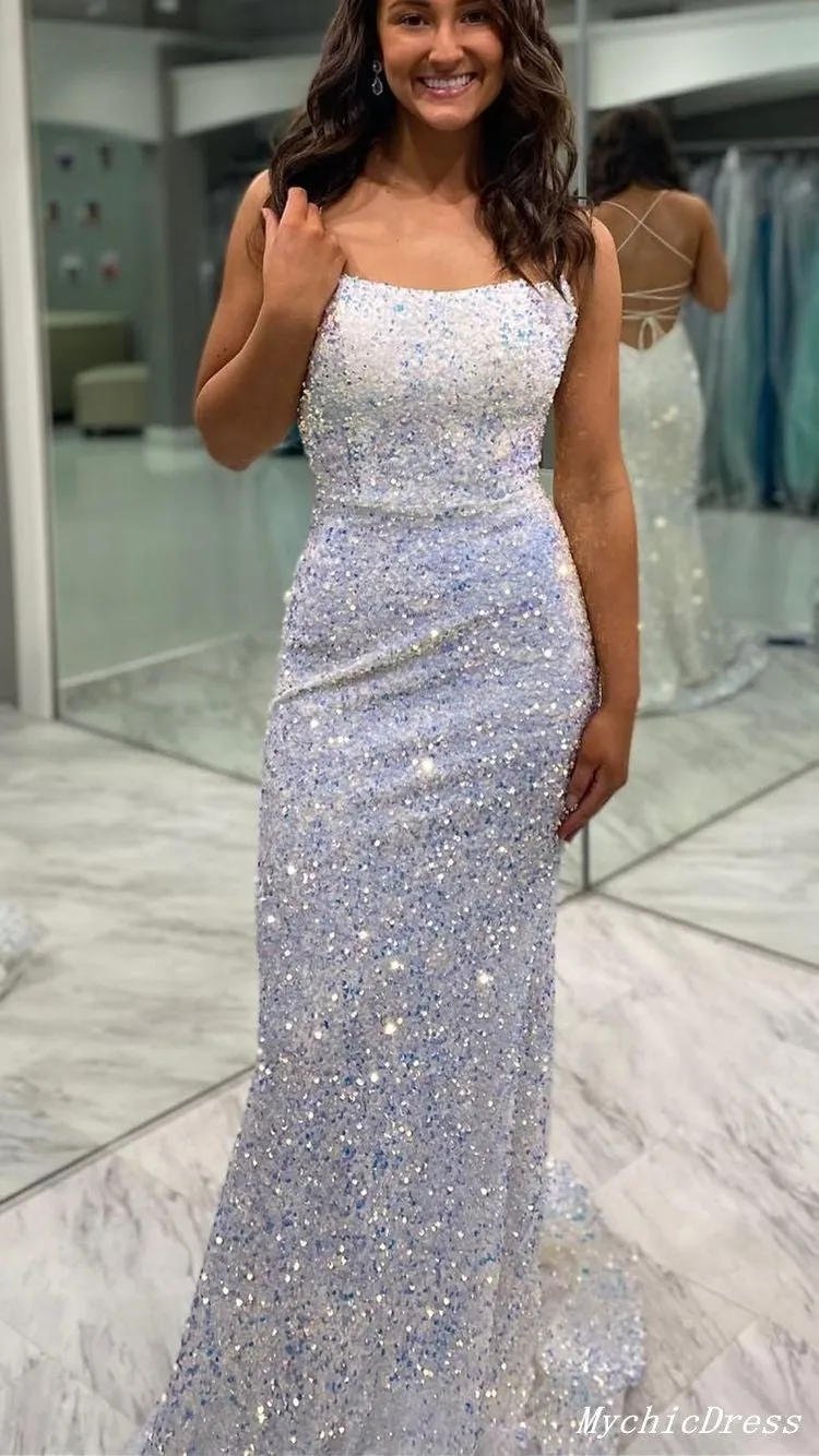 Sexy Long Sequin Iridescent Prom Dresses White Mermaid Evening Gowns sold by My Chic Dress product image thumbnail 2