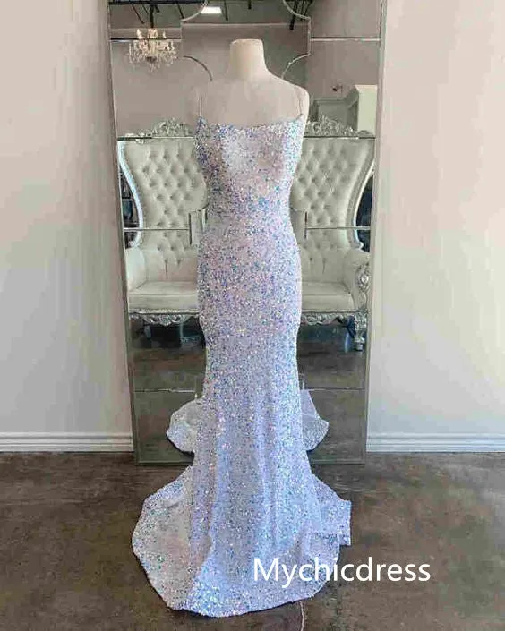 Sexy Long Sequin Iridescent Prom Dresses White Mermaid Evening Gowns sold by My Chic Dress