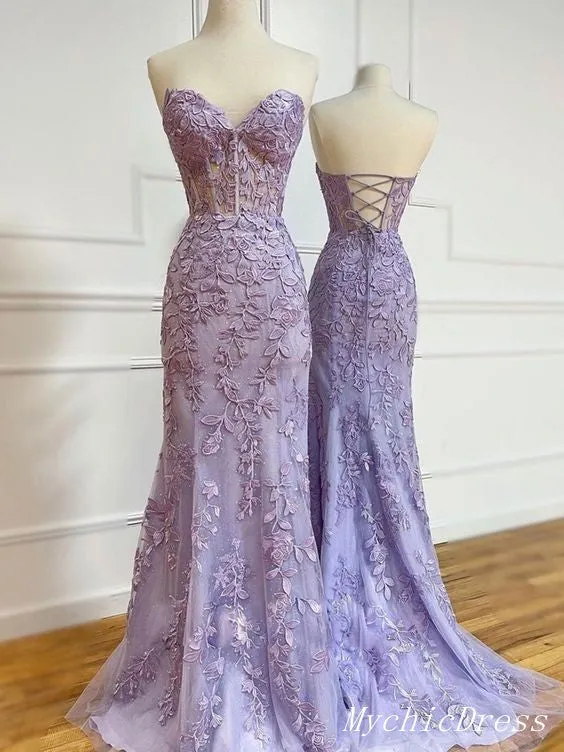 Elegant Lace Purple Mermaid Prom Dresses UK Long Applique Evening Gowns sold by My Chic Dress