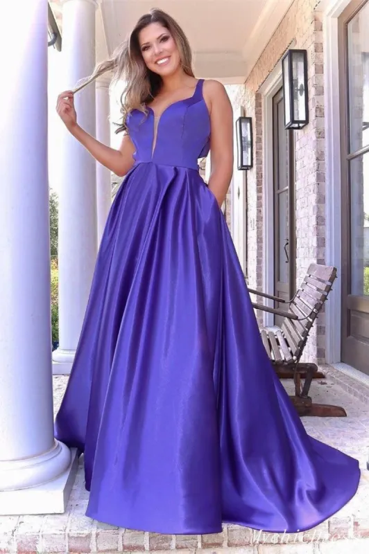 A Line Sleeveless Satin Prom Dresses Strap Long Eveing Dresses with Back Bow sold by My Chic Dress