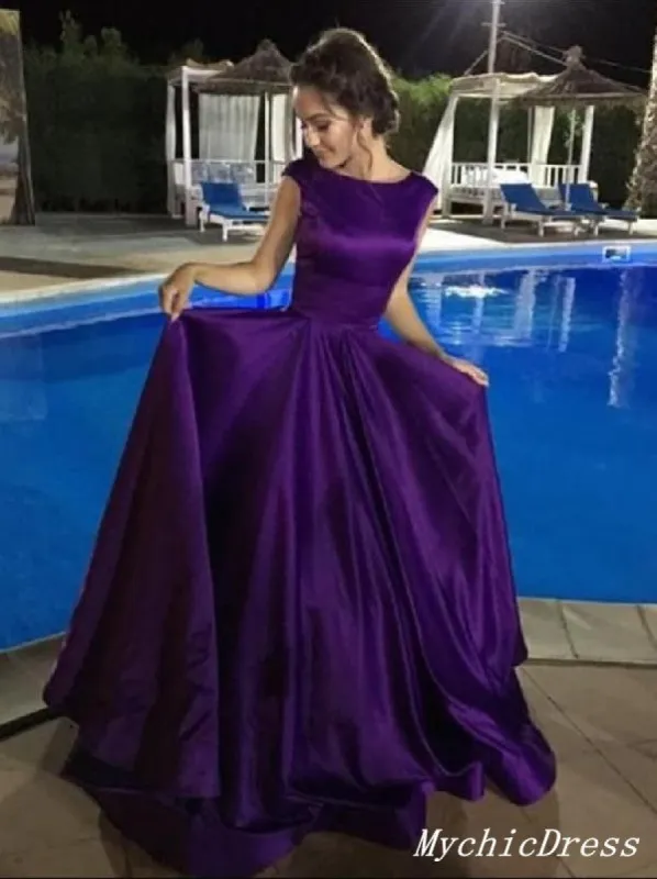 Simple A Line Purple Prom Dresses Satin Cap Sleeves Long Eveing Dresses sold by My Chic Dress