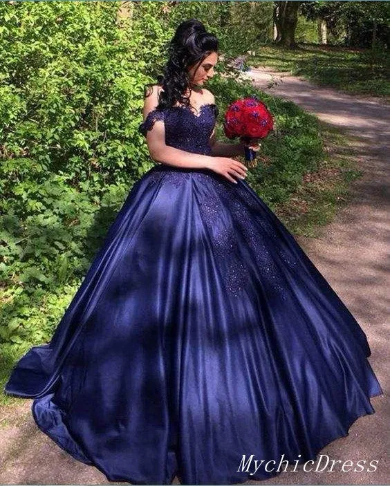 Sweetheart Navy Blue Lace Prom Dresses Ball Gown off Shoulder Quinceanera Dress sold by My Chic Dress