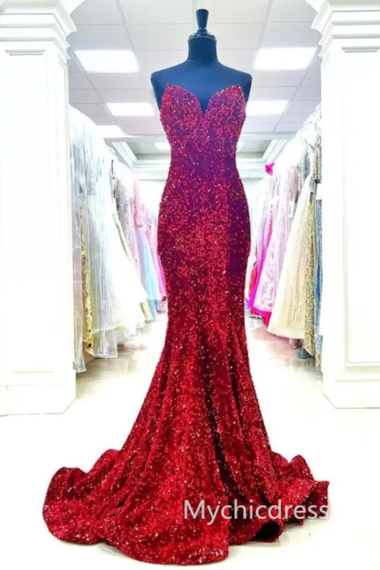 Burgundy Long Sequin Prom Dresses 2025 Sweetheart Mermaid Formal Gown sold by My Chic Dress