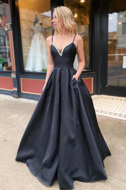 Simple Black Satin Prom Dresses V Neck Spaghetti Straps Long Evening Gowns sold by My Chic Dress