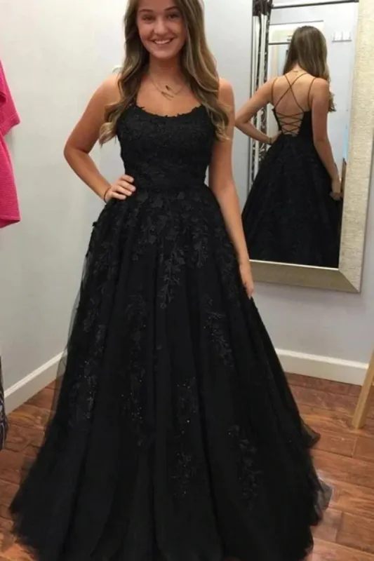 Floor Length Long Black Prom Dresses Lace Spaghetti Straps Evening Gown sold by My Chic Dress