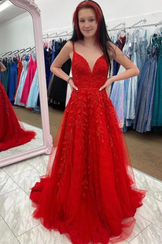 V Neck Lace Red Prom Dresses UK A Line Long Evening Gowns sold by My Chic Dress