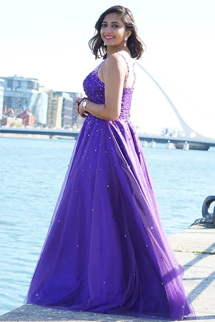 Hot Purple Pearls Tulle Prom Dresses Cheap Long A Line Evening Gowns sold by My Chic Dress product image thumbnail 4