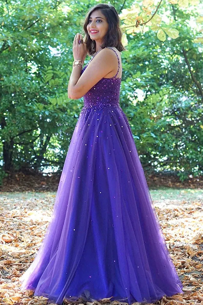 Hot Purple Pearls Tulle Prom Dresses Cheap Long A Line Evening Gowns sold by My Chic Dress product image thumbnail 3