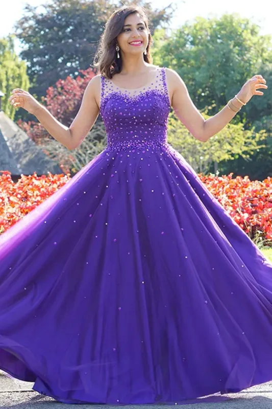 Hot Purple Pearls Tulle Prom Dresses Cheap Long A Line Evening Gowns sold by My Chic Dress