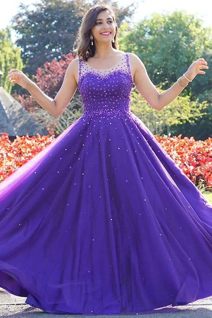 Hot Purple Pearls Tulle Prom Dresses Cheap Long A Line Evening Gowns sold by My Chic Dress