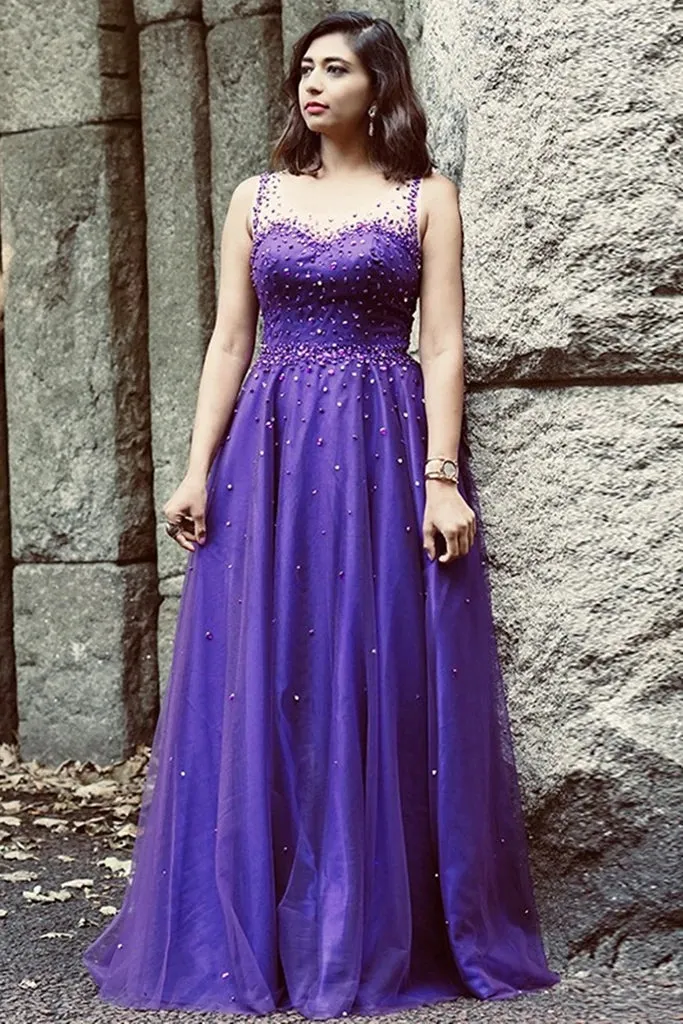 Hot Purple Pearls Tulle Prom Dresses Cheap Long A Line Evening Gowns sold by My Chic Dress product image thumbnail 2